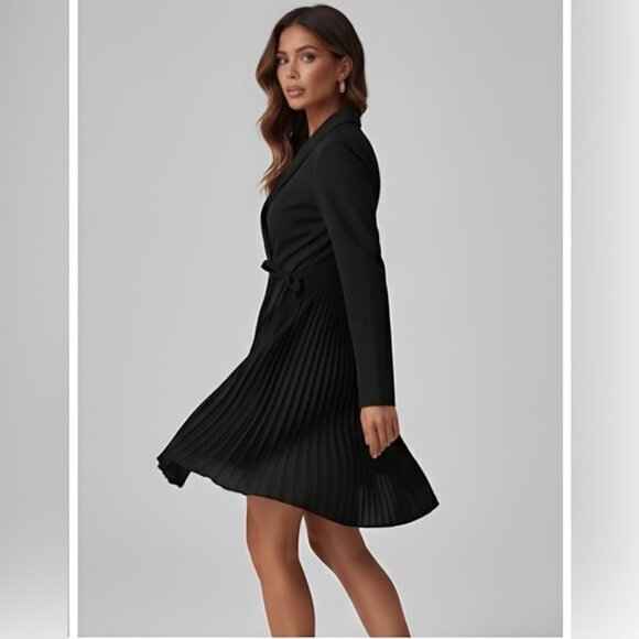 Shawl Collar Pleated Detail Knot Side Wrap Dress Black - Picture 5 of 6